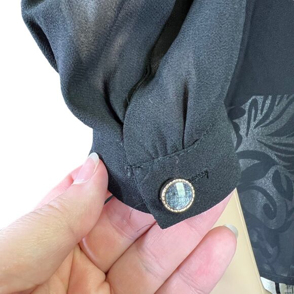 BKE Womens Blouse Top Sequin Collar Sheer Button Down Black Gold Small - Picture 9 of 11
